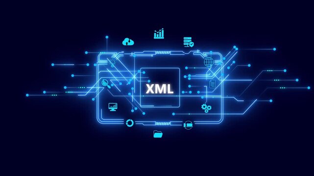 X M L technology concept with glowing blue circuit board and on dark background representing data exchange coding and software development