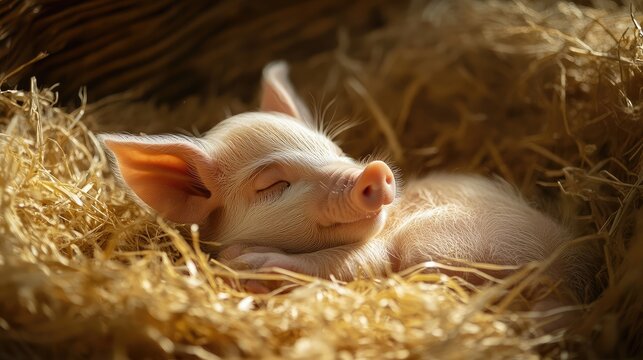 A sweet dream under a blanket of straw: Adorable piglet takes a nap