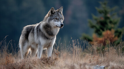 Obraz premium A gray wolf stands in a field of dry grass looking to the right