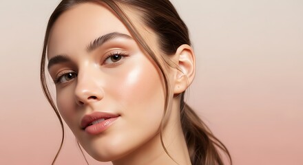 Naklejka premium Close-up Portrait of Beautiful Young Woman with Natural Glowing Skin and Fresh Face, Skincare and Beauty Concept