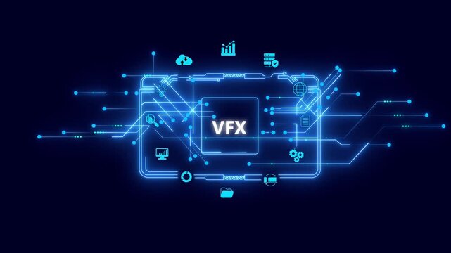 V F X Visual Effects Technology Concept with Neon Blue Circuit Board and on Dark Background for Motion and Animation Projects