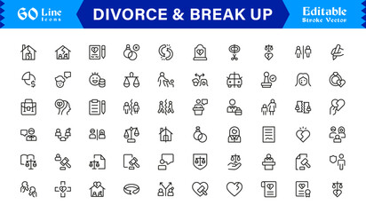 Divorce And Break Up Professional Line Icon Set, Modern Minimal Editable Vector Collection Of Heartbreak, Separation, Legal Papers, Dispute, Sadness, Emotions
