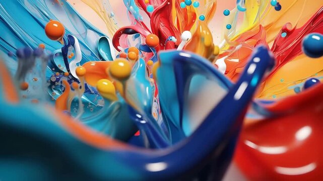 Bright colors of paint mix and splash in an art studio. People create different shapes and textures with paint on canvas. The mix forms vibrant visuals.