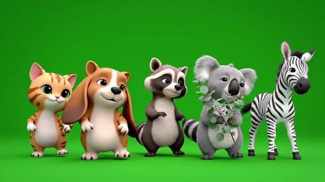 Group of cartoon animals including cat, rabbit, raccoon, koala, and zebra standing together in a green environment