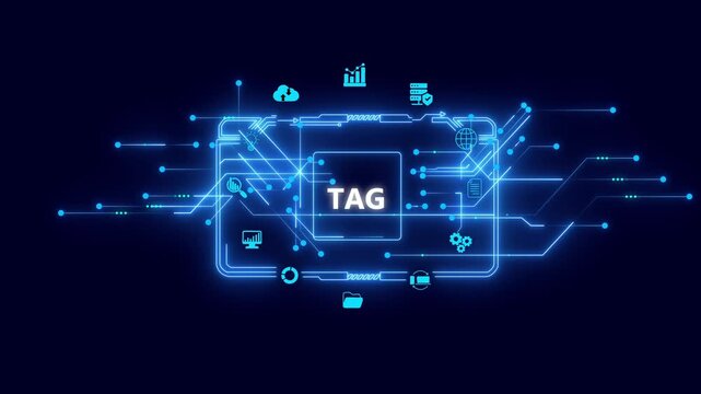 Digital Tag Technology Concept with Neon Blue Circuit Board and on Dark Background data visualization