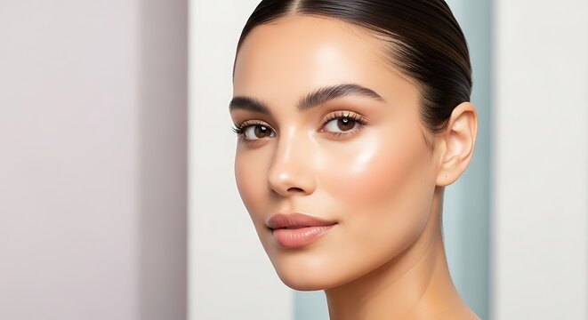 Close Up Portrait of Beautiful Young Woman with Radiant, Healthy, Glowing Skin and Natural Makeup