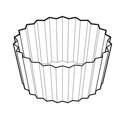 black and white 3D vector line drawing of an empty cupcake liner. Clean outline illustration of a paper baking cup, suitable for bakery, dessert, food, and kitchen designs.