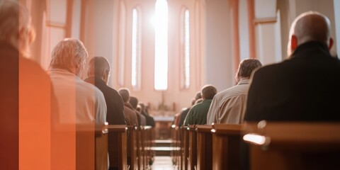 People attending church mass sitting in pews during a sacred service in a sanctuary, rear view of a religious congregation for community outreach and worship
