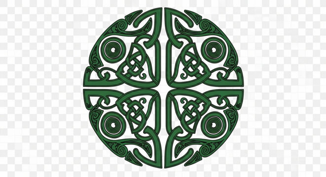 Green Celtic knot circle symbol intricate knotwork design for cultural heritage and traditional art isolated on transparent background