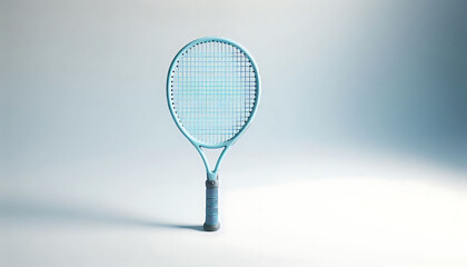 A blue tennis racket standing upright on a white surface with a subtle shadow and soft blue background.