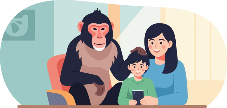 A monkey sits with a woman and child, who is looking at a phone