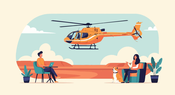 A man on laptop, woman on couch with dog, and orange helicopter fly by