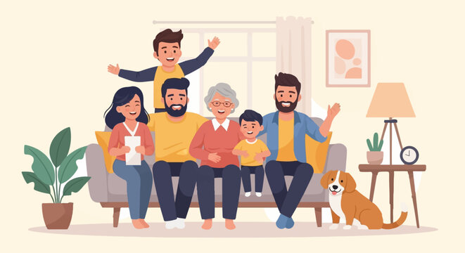 A multi-generational family gathers on a sofa with a dog