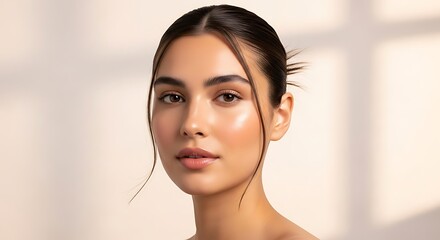 Naklejka premium Close-up Portrait of a Beautiful Young Woman with Glowing Skin, Natural Makeup, and Serene Expression, Ideal for Beauty, Skincare, and Wellness Concepts