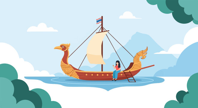 A person sits on an ornate boat with a bird figurehead sailing on water