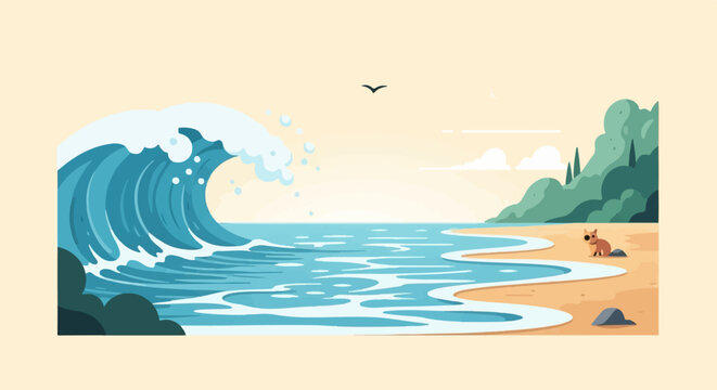 A pixel art scene of a large wave crashing on a sandy beach with a dog