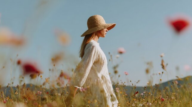 Young woman in linen dress walking through wildflower meadow for social media banner, featuring a wide field and airy sky background with ample copy space for text
