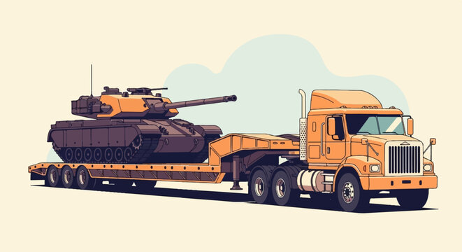 A pixelated orange truck transports a tank on a trailer
