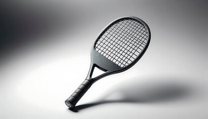 Close-up shot of a black tennis racket with a white background and dramatic lighting, casting a shadow.
