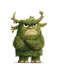 Grumpy mossy troll creature with horns isolated on white background fantasy character