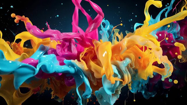 Bright paint in shades of blue, yellow, pink, and orange swirls and mixes together in an art studio. The movement shows creative expression and artistic play.