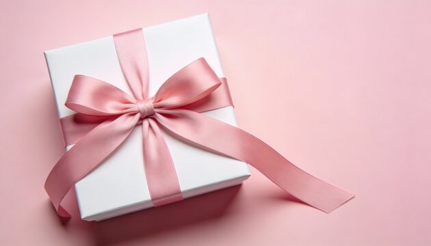 Elegant white gift box with a satin pink ribbon and bow on a soft pink background
