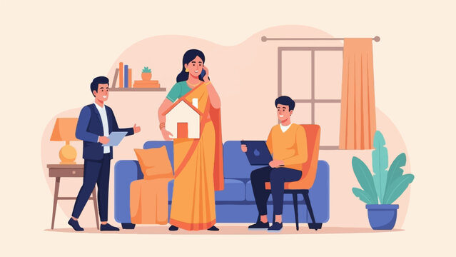 A woman in a sari shows a house model to men in a living room
