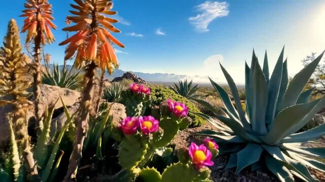 Desert garden landscape with blooming cacti, succulents, and agave plants under a bright blue sky on a sunny day