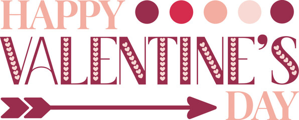 Happy Valentine&rsquo;s Day text vector illustration, romantic typography with hearts, festive color palette, decorative arrow design, love celebration artwork, holiday icon graphic