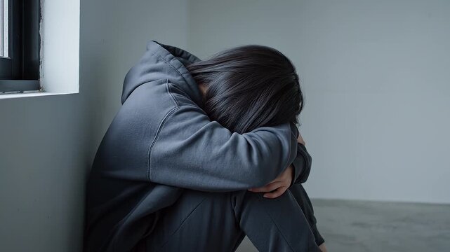 壁にもたれて座るフードの人物が孤立した心情を表す簡素な室内風景
