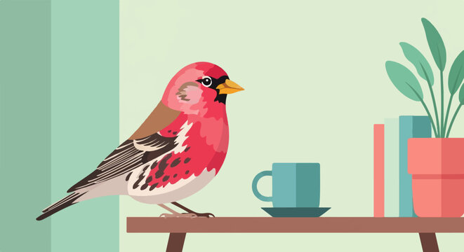 A stylized finch perches on a shelf beside a cup and potted plant
