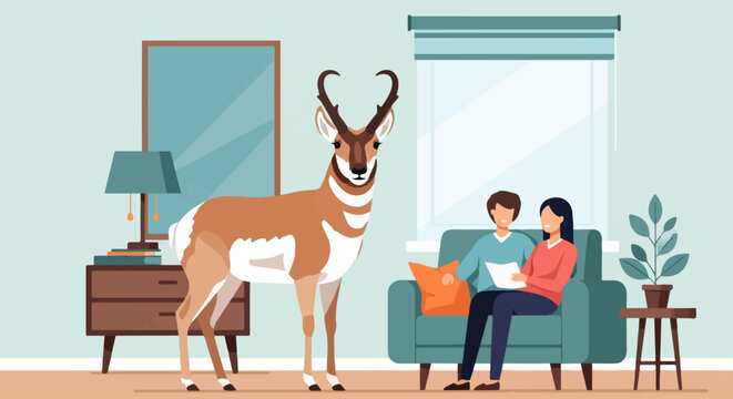 A pronghorn stands near a couple on a couch in a room