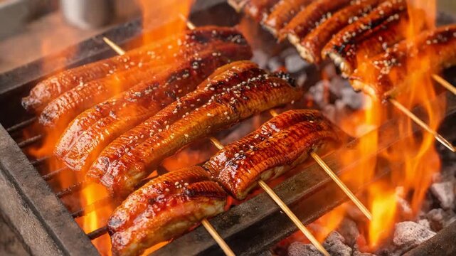 炭火で香ばしく焼かれる鰻の蒲焼が食欲をそそる調理風景