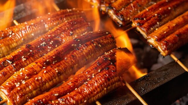 照りのある鰻の蒲焼が炭火で焼き上げられる迫力ある調理場面