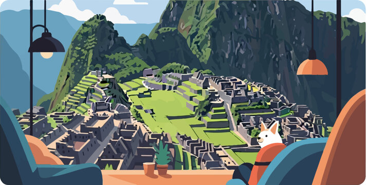 A stylized illustration of Machu Picchu seen from an indoor cafe with a dog
