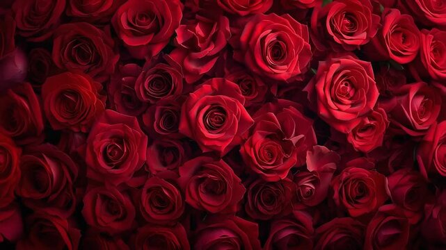 赤いバラが画面いっぱいに広がる華やかで情熱的な花背景