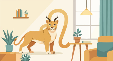 A stylized lion with horns stands near plants and furniture in a room © Kawan