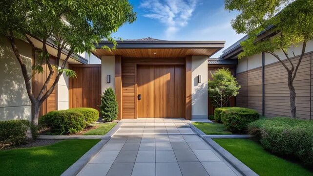 和モダンな住宅玄関と植栽が整えられた落ち着きある外観風景