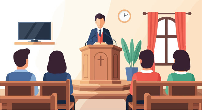 A speaker stands at a pulpit before an audience in a sparsely decorated room