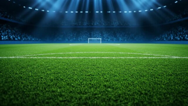 Soccer stadium at night, illuminated arena with spotlights shining on green grass pitch, empty football field background for championship match broadcast or sport intro.