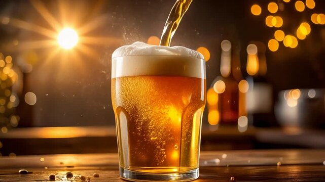 注がれるビールが泡立ち輝くグラスが祝祭的な瞬間を演出する