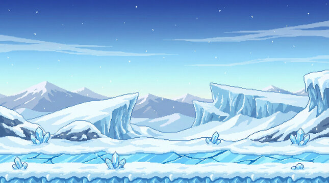 Pixel Art Ice and Snow Game Background with Frozen Landscape