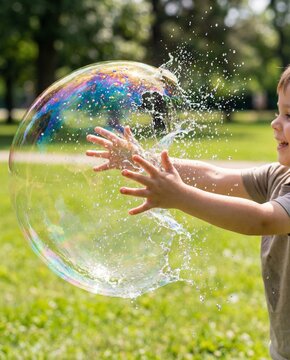 Colorful bubble splash as a child joyfully pops a giant soap bubble with hands, capturing the moment of iridescent film bursting into tiny droplets