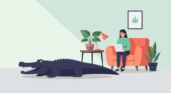 A woman sits on a sofa with a laptop, an alligator lies nearby
