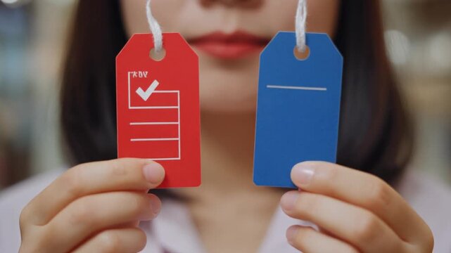 赤と青の札を掲げる女性が選択と評価を明確に示すビジネス表現