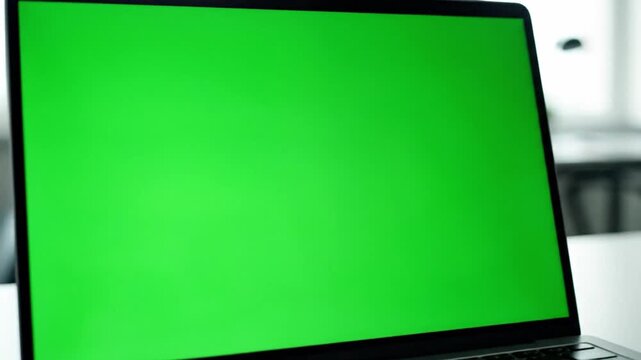 Green Screen Laptop: A modern laptop displaying a vibrant green screen, providing ample space for inserting customized content.