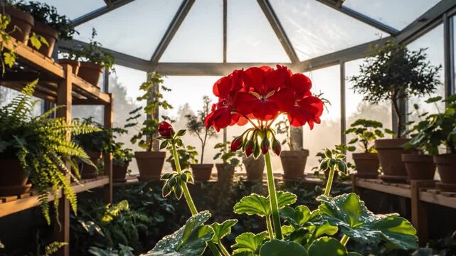 Greenhouse Paradise: Inside a sun-drenched greenhouse, vibrant red geraniums bloom amidst a lush collection of potted plants, a testament to the beauty of botanical life.