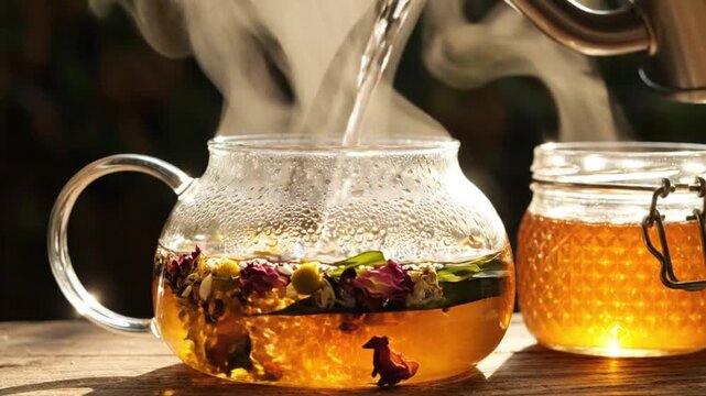 Pouring Herbal Botanical Tea in Wellness Lebaran Hamper Set
