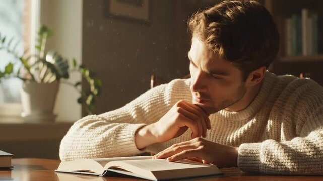 Absorbed in Reading: A thoughtful individual is deeply engrossed in a book, bathed in natural light, a scene of studious contemplation and quiet intellect.