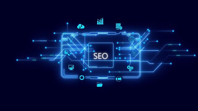S E O optimization concept with glowing blue circuit board and on dark background representing search engine marketing and digital analytics